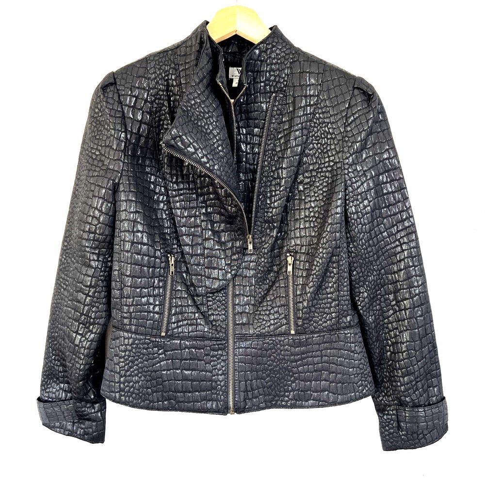 Worthington Blazer Womens Large Black Shimmer Croc Print Double Full Zip Career‎